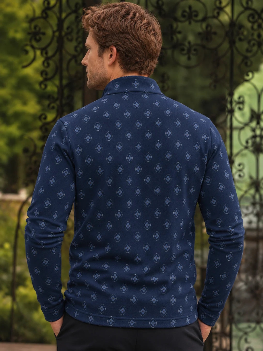Performance-Pullover mit Viertelreißverschluss und Medaillonmuster in Marineblau