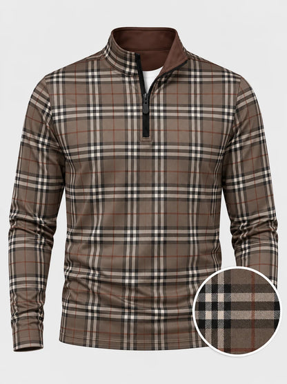 Golf-Pullover mit Karomuster in Taupe, Anthrazit und Rostbraun und Viertelreißverschluss
