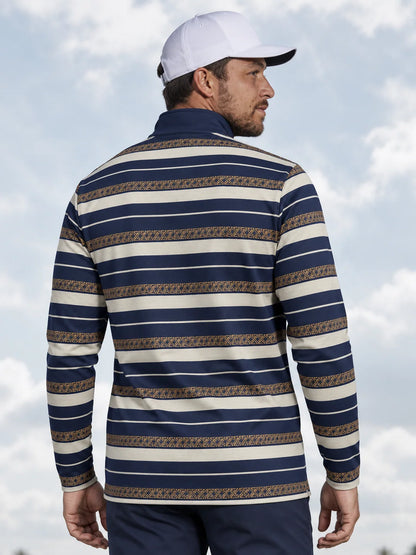 Marineblauer Golf-Pullover mit elfenbeinfarbenem und goldenem Streifenmuster und Viertelreißverschluss aus Funktionsmaterial