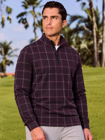 Golf-Pullover mit Viertelreißverschluss und Fensterkaromuster in tiefem Pflaumenton