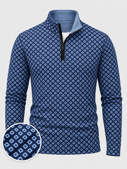 Navyblauer Performance-Pullover mit Rautenmuster und kurzem Reißverschluss