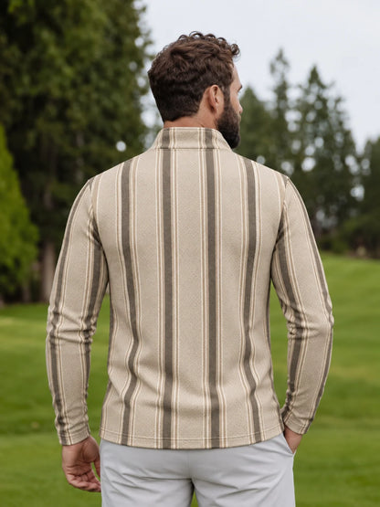 Sandfarbener Quarter-Zip-Pullover mit Streifenmuster