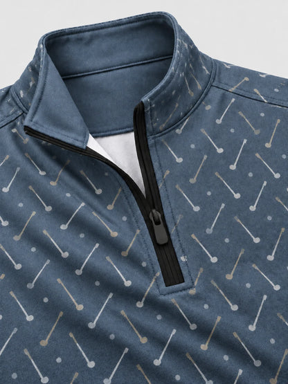 Schieferblauer Golfpullover mit Golfclub-Muster und kurzem Reißverschluss