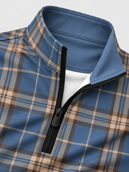 Golf-Pullover in Stahlgrau mit Tartan-Karomuster und kurzem Reißverschluss