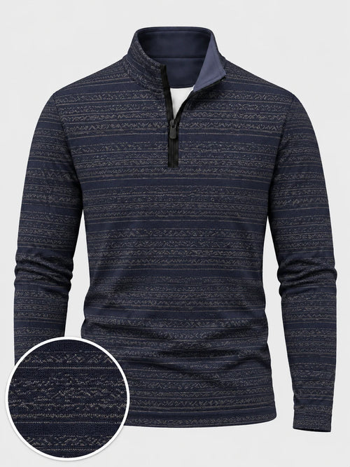 Navyblauer Performance-Pullover mit geometrischem Streifenmuster und kurzem Reißverschluss