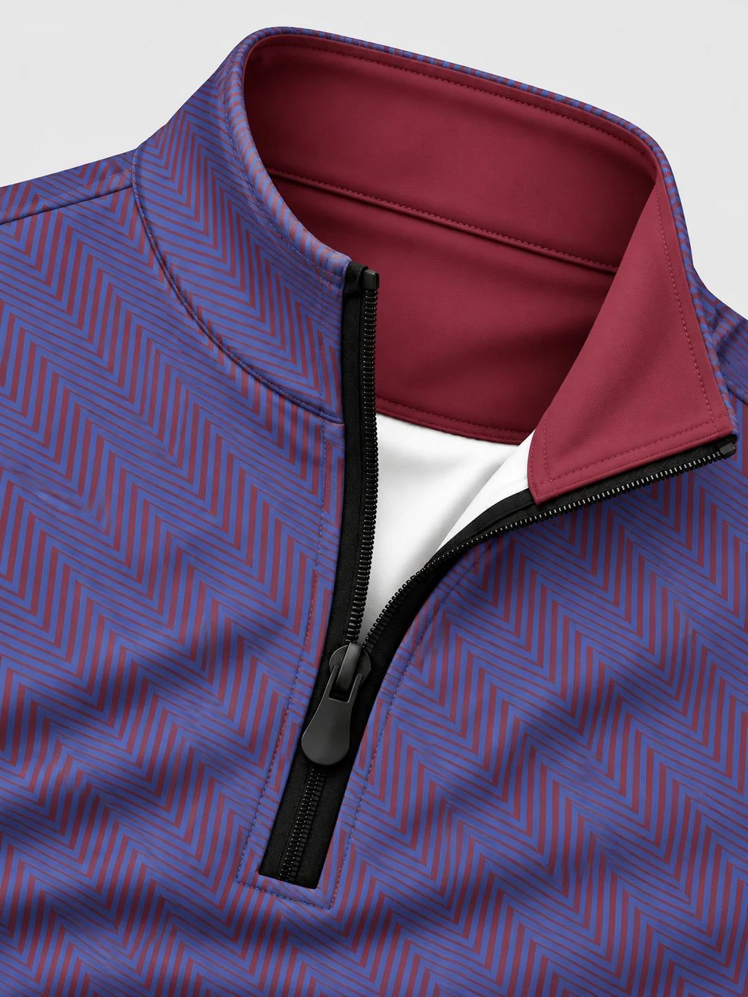Golfpullover in Kobaltblau und Burgunderrot mit Fischgrätmuster und Viertelreißverschluss