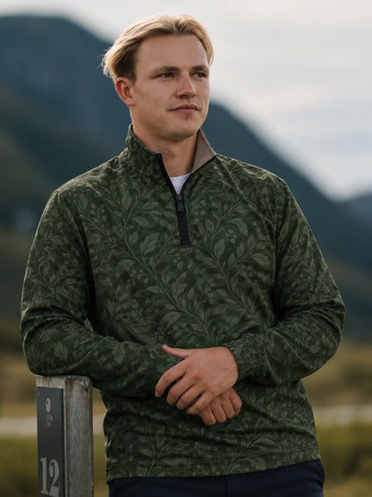 Golfpullover mit botanischem Muster in Dunkelwaldgrün, Funktionsmaterial und Viertelreißverschluss