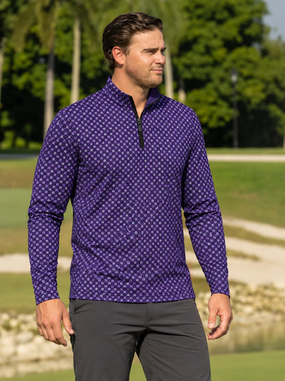 Dunkellila Golf-Pullover mit floralem Mini-Muster und Viertelreißverschluss aus Funktionsmaterial