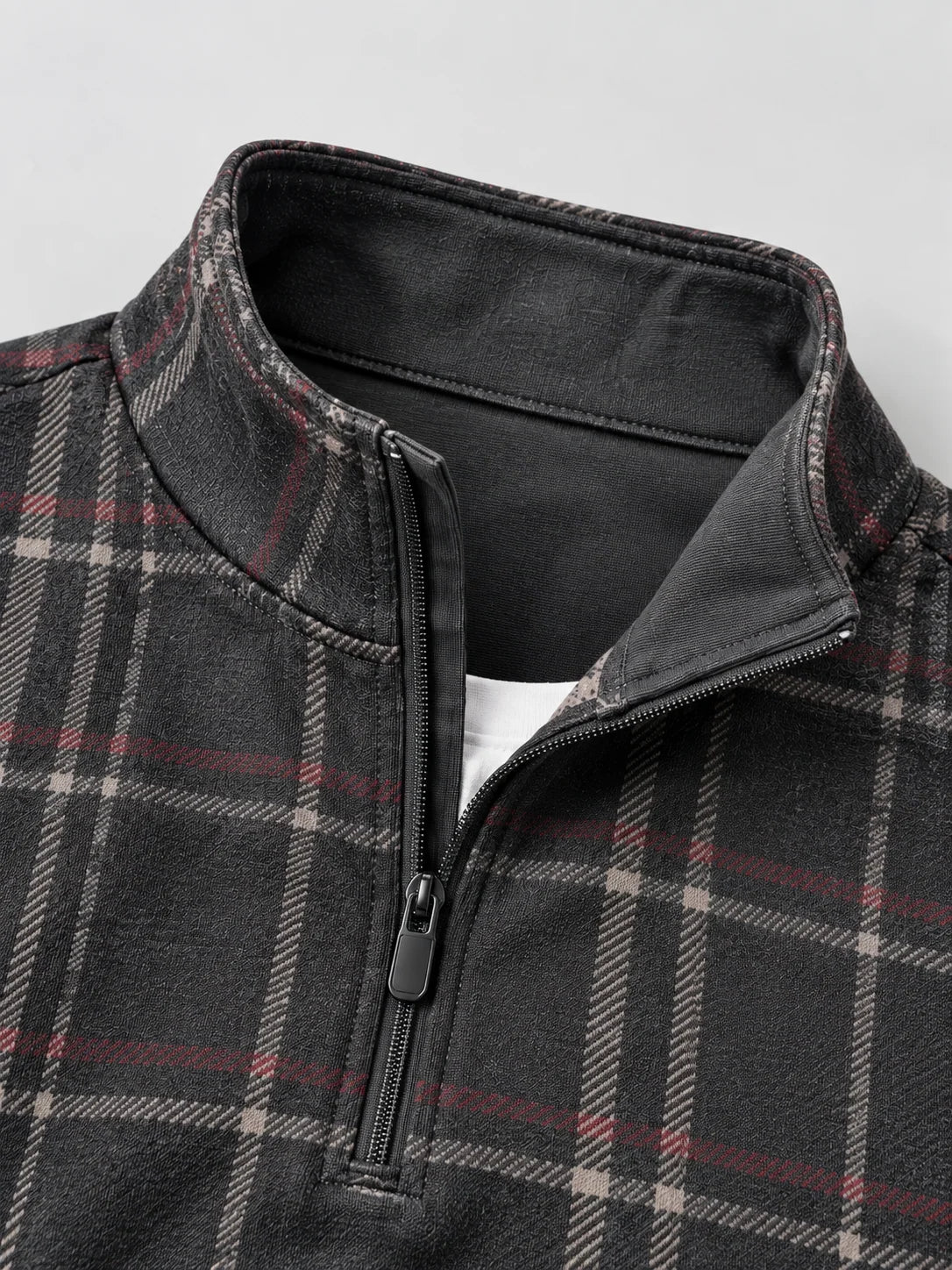 Anthrazitfarbener Heritage-Pullover mit Karomuster und kurzem Reißverschluss