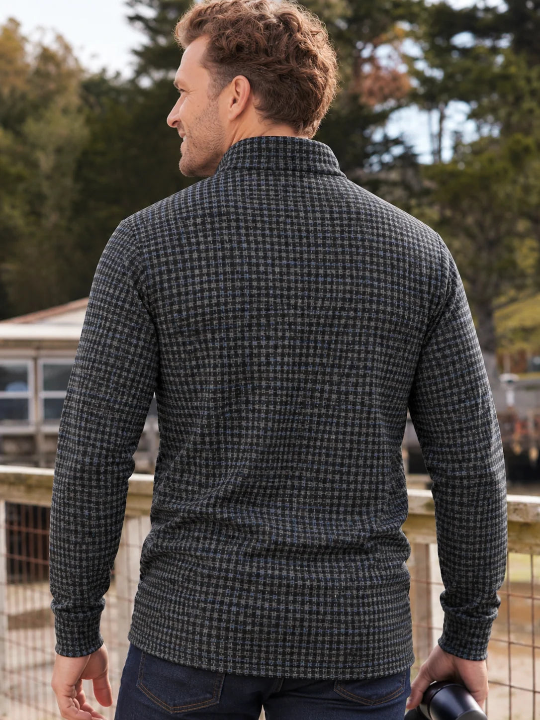 Golf-Pullover mit Viertelreißverschluss und Mikro-Karomuster in Anthrazitblau
