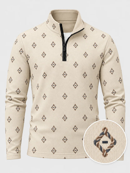 Performance Quarter-Zip-Pullover mit Rautenmuster in Elfenbeinweiß