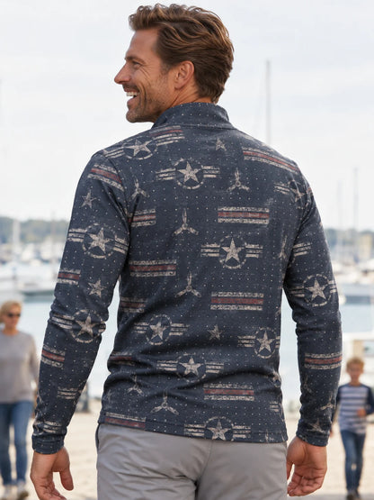 Marineblauer Golfpullover mit Luftfahrtmotiv und Viertelreißverschluss