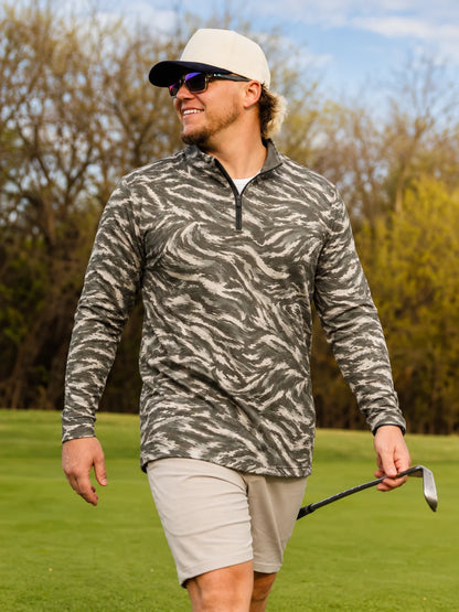 Salbeigrüner Performance-Pullover mit Marmormuster und kurzem Reißverschluss