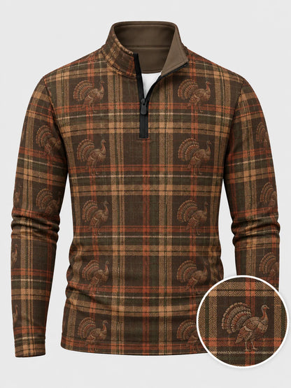 Vintage-Golfpullover mit Thanksgiving-Truthahn- und Karomuster, Funktionsmaterial und Viertelreißverschluss