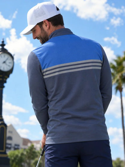 Golf-Pullover in Schieferblau mit Bruststreifen und kurzem Reißverschluss