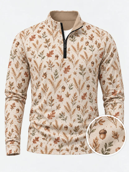 Cremefarbener Golfpullover aus Funktionsmaterial mit herbstlichem Blumenmuster und kurzem Reißverschluss