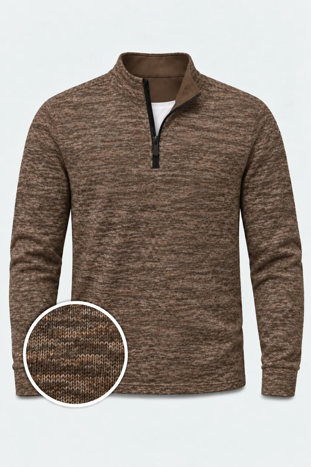 Walnussbrauner Golf-Pullover aus Slub-Funktionsstrick mit Viertelreißverschluss