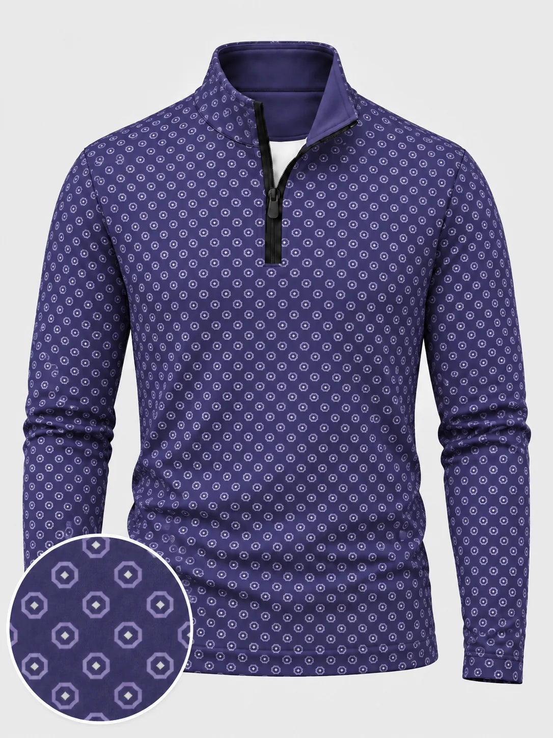 Performance-Pullover in Violett mit Achteckmuster und kurzem Reißverschluss