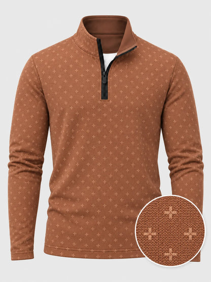 Golfpullover mit Mikro-Kreuzmuster in Terrakotta, Funktionsmaterial und Viertelreißverschluss