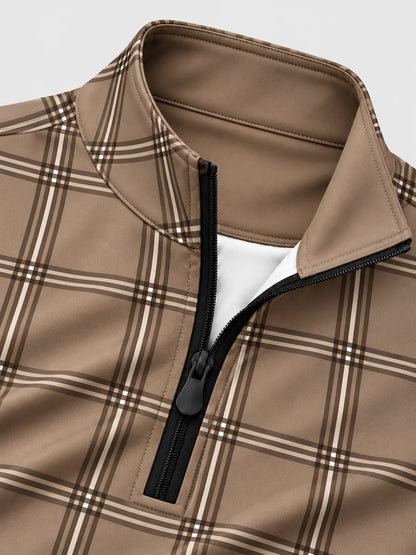 Golf-Pullover in Mokka mit großem Karomuster und kurzem Reißverschluss
