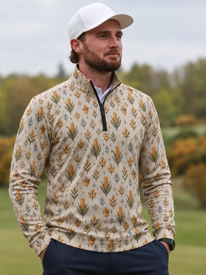 Performance-Golfpullover in Creme mit Erntemotiv und Viertelreißverschluss