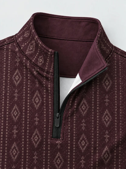 Dunkelpflaumenfarbener Heritage-Pullover mit Muster und kurzem Reißverschluss