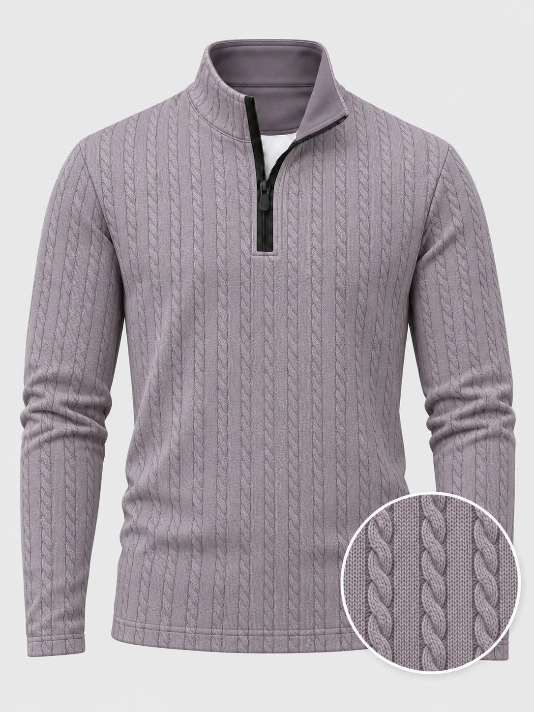 Golfpullover mit Zopfmuster in Altflieder, Funktionsmaterial und Viertelreißverschluss