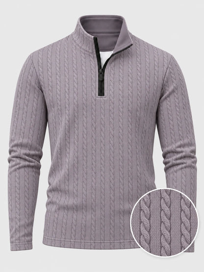 Golfpullover mit Zopfmuster in Altflieder, Funktionsmaterial und Viertelreißverschluss