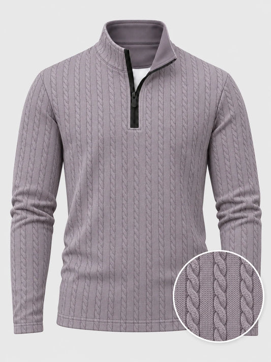 Golfpullover mit Zopfmuster in Altflieder, Funktionsmaterial und Viertelreißverschluss