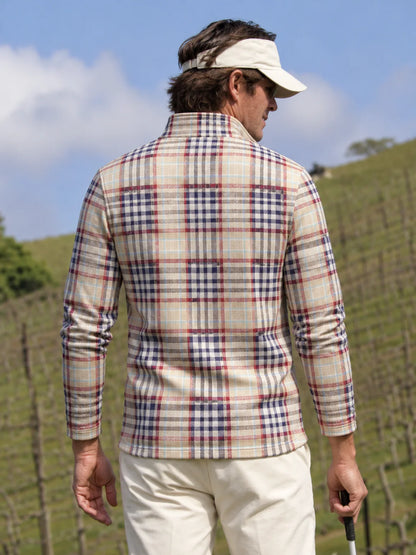 Cremefarbener Golf-Pullover mit Tartan-Karomuster und Viertelreißverschluss