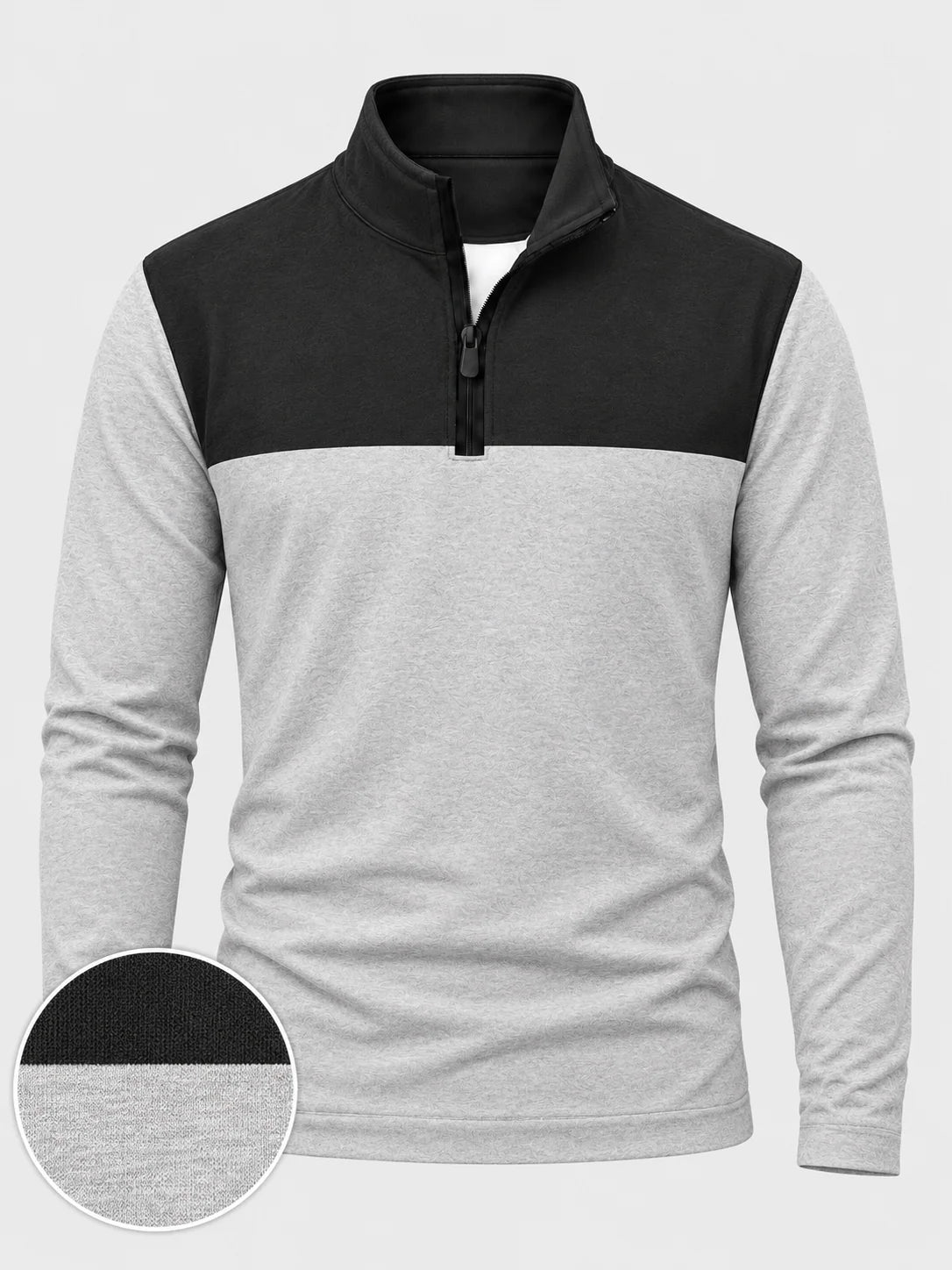 Schwarzer und grauer Golf-Pullover mit Colorblock-Design und kurzem Reißverschluss