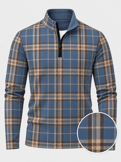 Golf-Pullover in Stahlgrau mit Tartan-Karomuster und kurzem Reißverschluss
