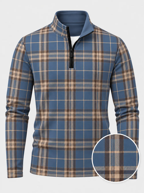 Golf-Pullover in Stahlgrau mit Tartan-Karomuster und kurzem Reißverschluss
