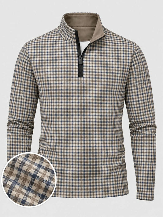 Golf-Pullover aus Funktionsmaterial in Marineblau und Taupe mit feinem Mikrokaromuster und Viertelreißverschluss