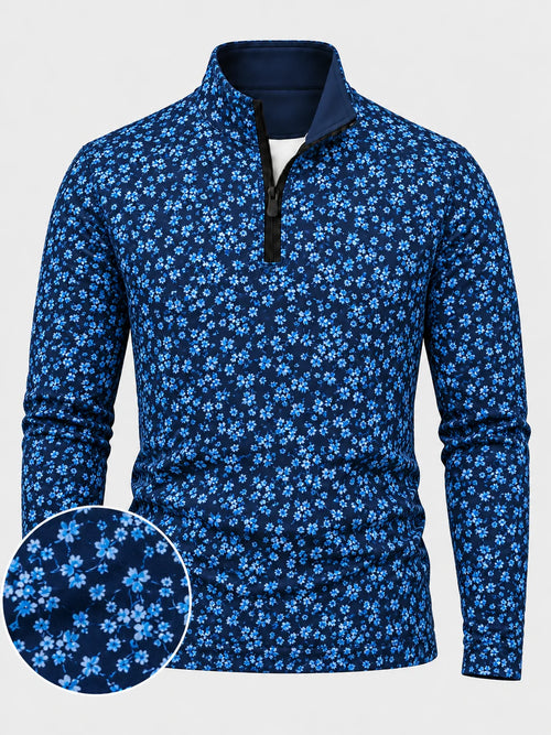 Performance-Pullover in Marineblau mit Blumenmuster und Viertelreißverschluss