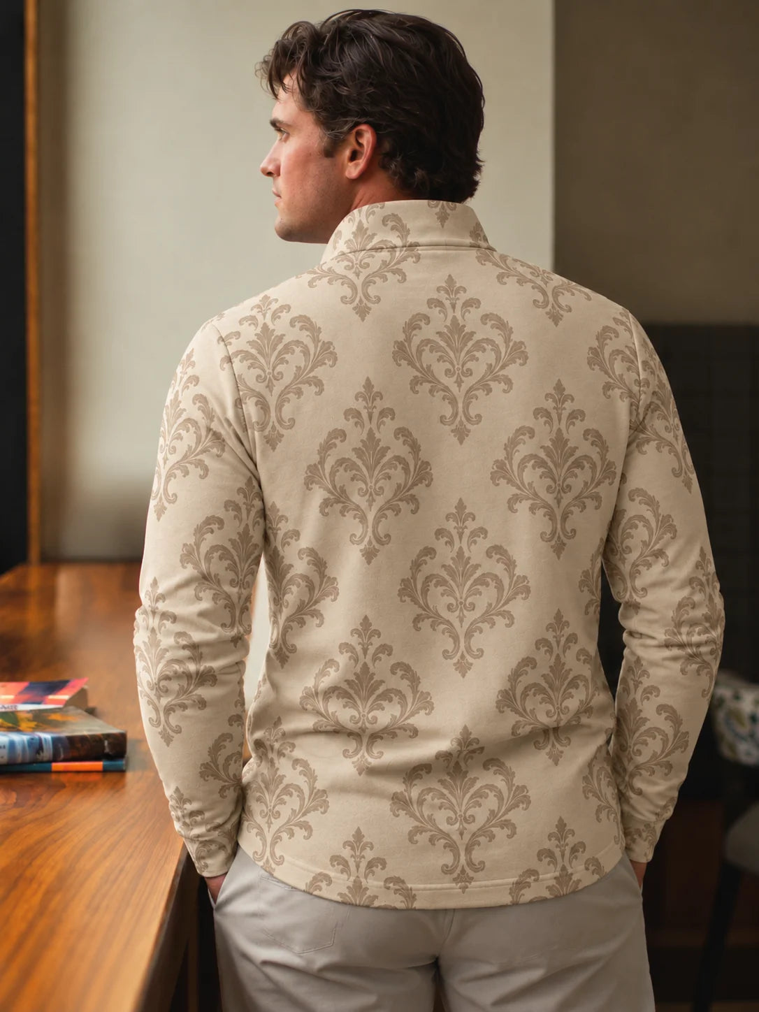 Elfenbeinfarbener Performance-Pullover mit Damastmuster und Viertelreißverschluss