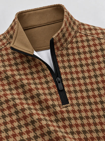 Golf-Pullover mit Hahnentrittmuster in Beige, Rostbraun und Olivgrün und Viertelreißverschluss aus Funktionsmaterial