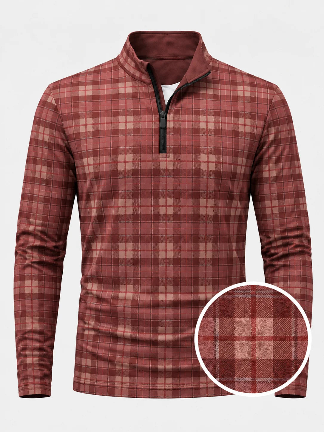 Bordeauxroter Performance-Quarter-Zip-Pullover mit klassischem Heritage-Karomuster