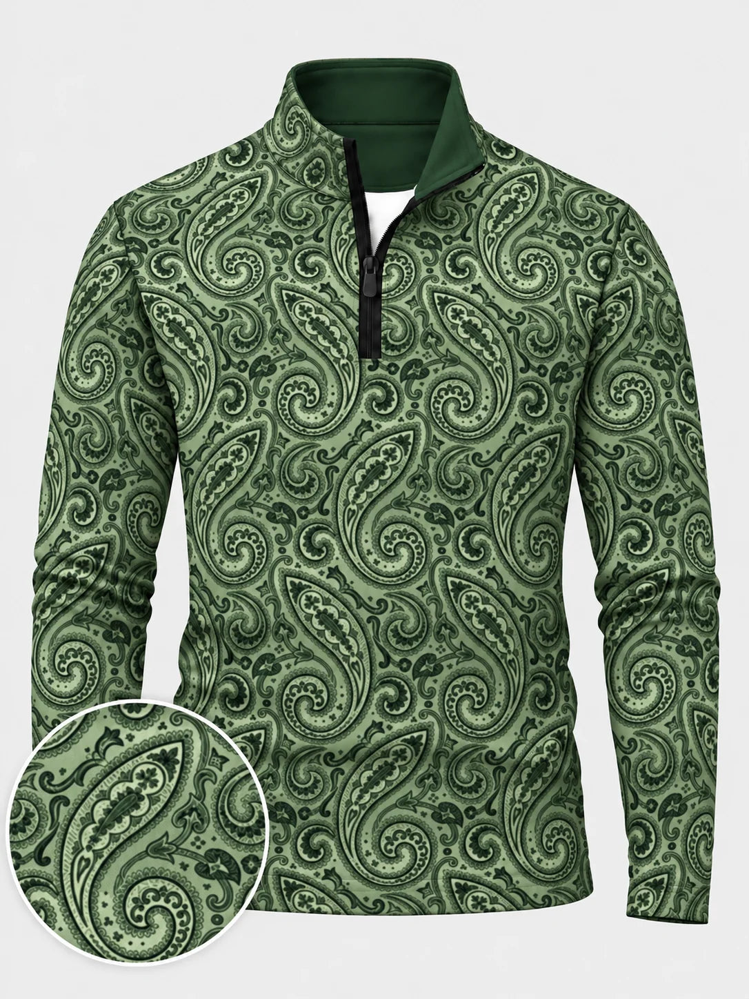 Salbeigrüner Performance-Pullover mit Viertelreißverschluss und Paisley-Muster