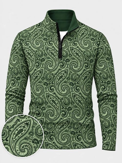 Salbeigrüner Performance-Pullover mit Viertelreißverschluss und Paisley-Muster