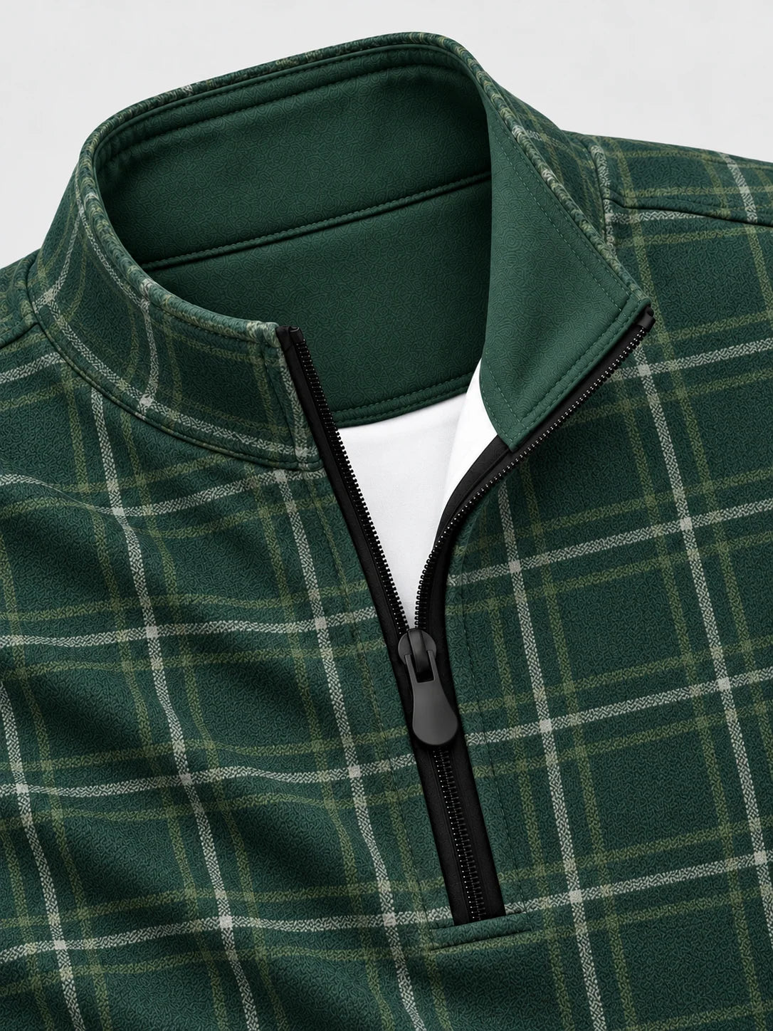 Golf-Pullover aus Funktionsmaterial in Immergrün mit Fensterkaromuster und Viertelreißverschluss