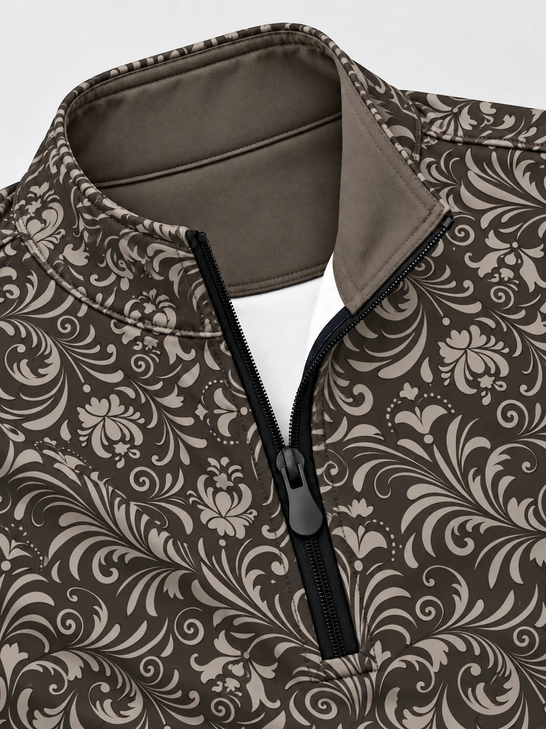Dunkelbrauner Golfpullover mit floralem Vintage-Print, Funktionsmaterial und Viertelreißverschluss