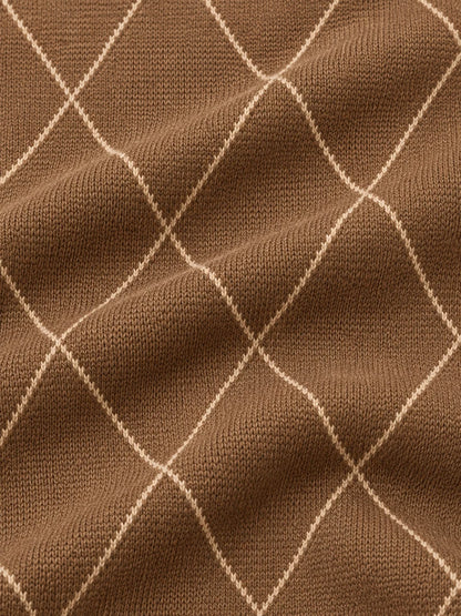 Golfpullover mit Argyle-Rautenmuster in Kamelbraun, Funktionsmaterial und Viertelreißverschluss
