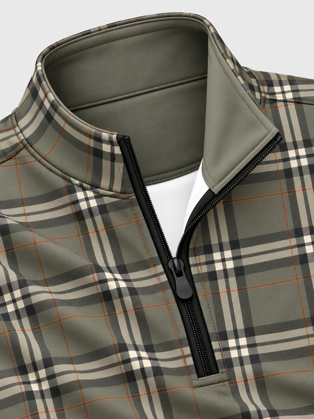 Golf-Pullover in Olivgrün mit Tartan-Karomuster und kurzem Reißverschluss