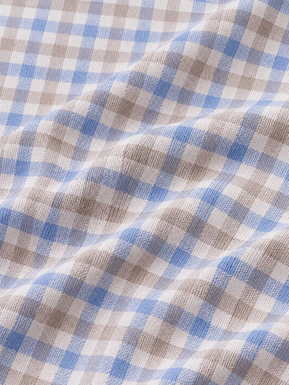 Blau-Beiger Karo-Golfpullover aus Funktionsmaterial mit kurzem Reißverschluss