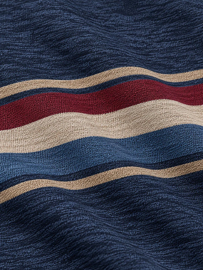 Golf-Pullover aus Funktionsmaterial in meliertem Marineblau mit retro-inspiriertem Bruststreifen und Viertelreißverschluss