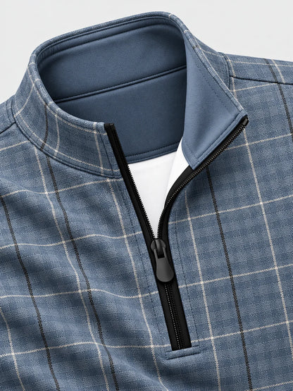 Golf-Pullover mit Viertelreißverschluss und Fensterkaromuster in gedecktem Blau