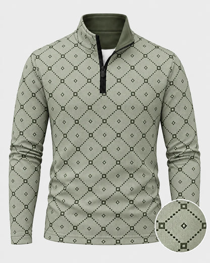 Salbeigrüner Golfpullover aus Funktionsmaterial mit geometrischem Muster und kurzem Reißverschluss