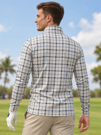 Golfpullover für Herren im Heritage-Stil in Blau mit Karomuster und Viertelreißverschluss