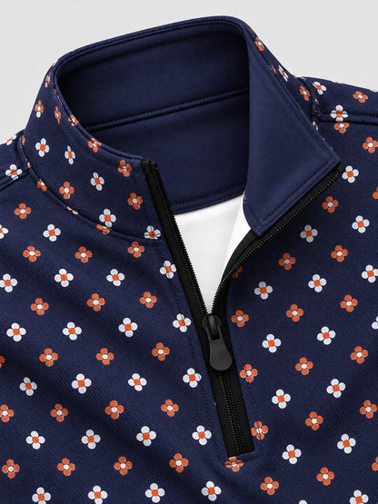 Marineblauer Performance-Pullover mit Viertelreißverschluss und feinem Blumenmuster